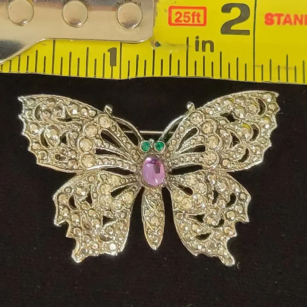 Vintage Butterfly Brooch Green Purple Rhinestone Faux Marcasite Cabochon Belly
